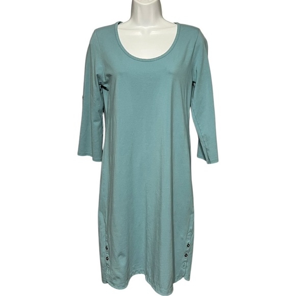 J. Jill Teal Perfect Pima Cotton Shirt Dress Small Scoop Neck 1/4 Sleeve Stretch - Picture 3 of 9